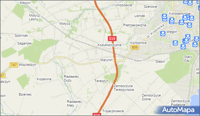 mapa Marynin gmina Konopnica, Marynin gmina Konopnica na mapie Targeo