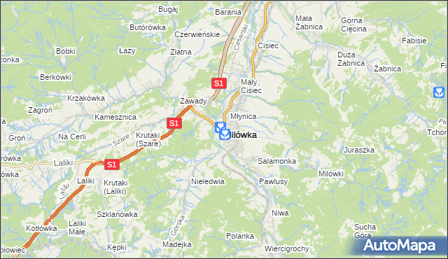 mapa Milówka powiat żywiecki, Milówka powiat żywiecki na mapie Targeo