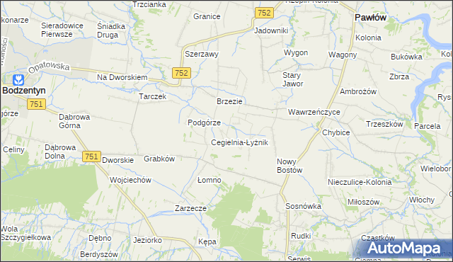 mapa Modrzewie gmina Pawłów, Modrzewie gmina Pawłów na mapie Targeo