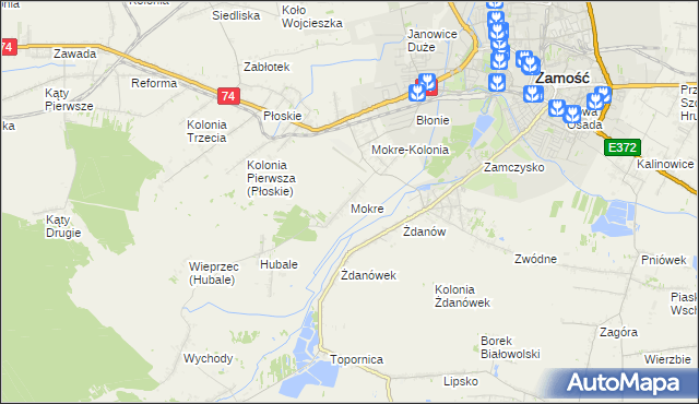 mapa Mokre gmina Zamość, Mokre gmina Zamość na mapie Targeo