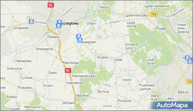 mapa Mysłów gmina Koziegłowy, Mysłów gmina Koziegłowy na mapie Targeo