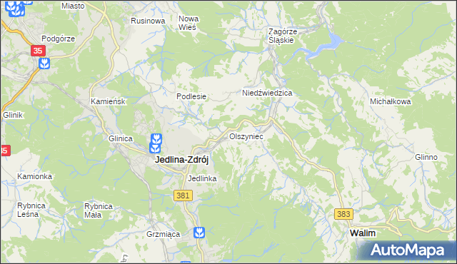 mapa Olszyniec gmina Walim, Olszyniec gmina Walim na mapie Targeo