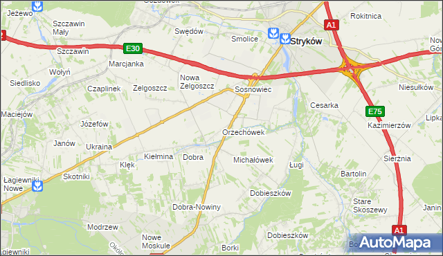 mapa Orzechówek gmina Stryków, Orzechówek gmina Stryków na mapie Targeo