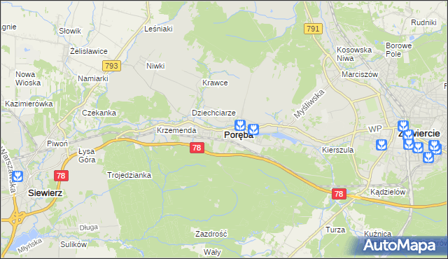 mapa Poręba powiat zawierciański, Poręba powiat zawierciański na mapie Targeo