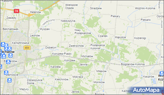 mapa Postękalice, Postękalice na mapie Targeo