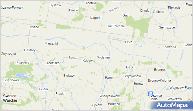 mapa Rydzyna gmina Świnice Warckie, Rydzyna gmina Świnice Warckie na mapie Targeo