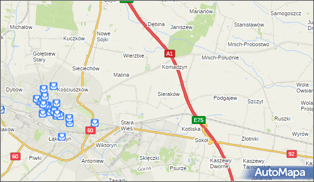 mapa Sieraków gmina Kutno, Sieraków gmina Kutno na mapie Targeo
