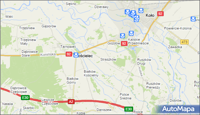 mapa Straszków gmina Kościelec, Straszków gmina Kościelec na mapie Targeo