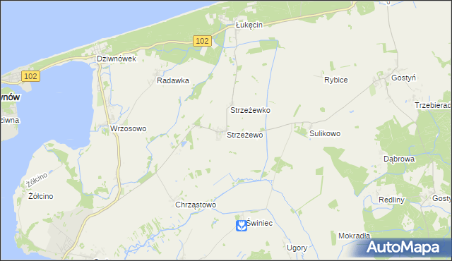 mapa Strzeżewo gmina Kamień Pomorski, Strzeżewo gmina Kamień Pomorski na mapie Targeo