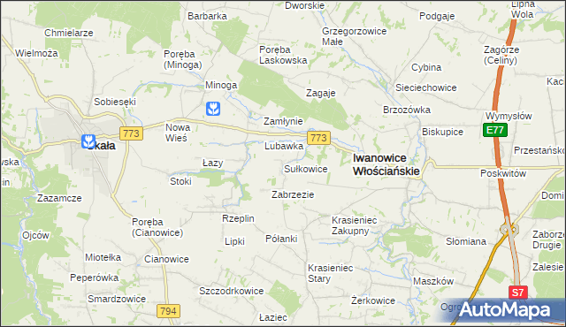 mapa Sułkowice gmina Iwanowice, Sułkowice gmina Iwanowice na mapie Targeo