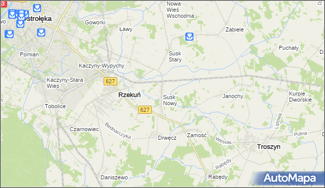 mapa Susk Nowy gmina Rzekuń, Susk Nowy gmina Rzekuń na mapie Targeo