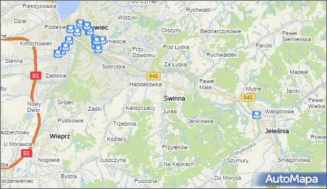 mapa Świnna powiat żywiecki, Świnna powiat żywiecki na mapie Targeo