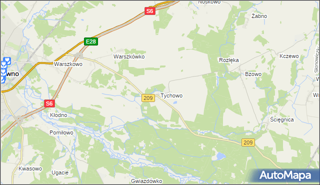 mapa Tychowo gmina Sławno, Tychowo gmina Sławno na mapie Targeo