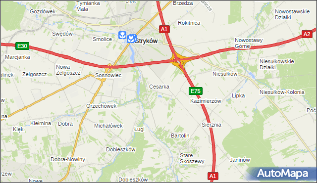 mapa Warszewice gmina Stryków, Warszewice gmina Stryków na mapie Targeo