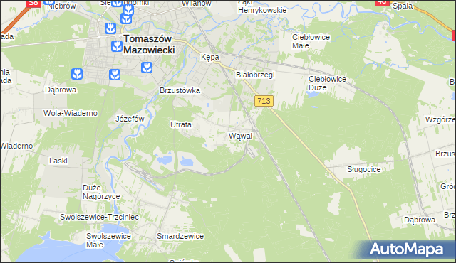 mapa Wąwał gmina Tomaszów Mazowiecki, Wąwał gmina Tomaszów Mazowiecki na mapie Targeo