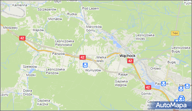 mapa Wielka Wieś gmina Wąchock, Wielka Wieś gmina Wąchock na mapie Targeo