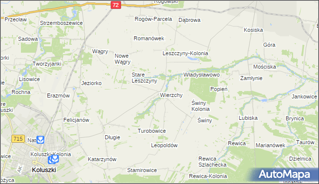 mapa Wierzchy gmina Koluszki, Wierzchy gmina Koluszki na mapie Targeo