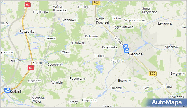 mapa Zalesie gmina Siennica, Zalesie gmina Siennica na mapie Targeo