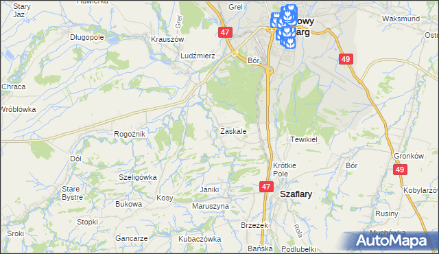 mapa Zaskale gmina Szaflary, Zaskale gmina Szaflary na mapie Targeo