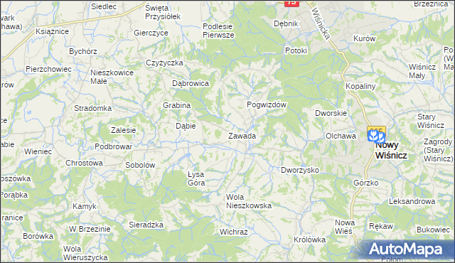 mapa Zawada gmina Bochnia, Zawada gmina Bochnia na mapie Targeo