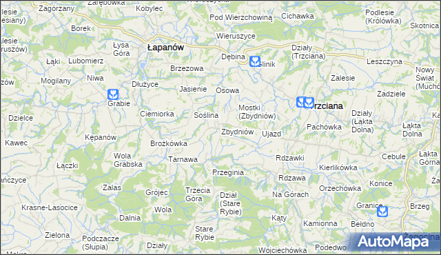 mapa Zbydniów gmina Łapanów, Zbydniów gmina Łapanów na mapie Targeo