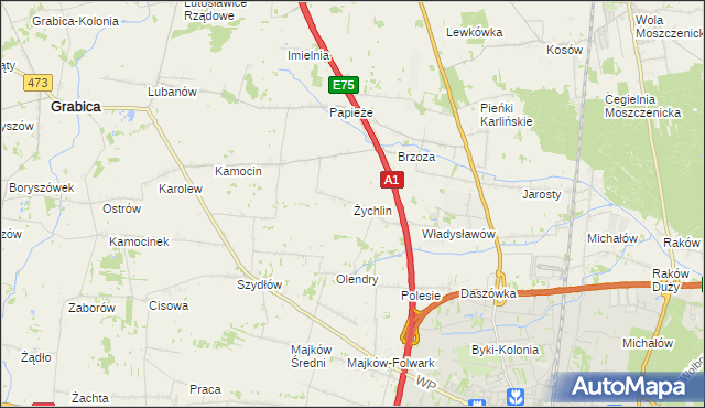 mapa Żychlin gmina Grabica, Żychlin gmina Grabica na mapie Targeo