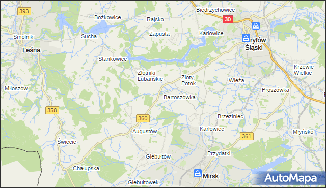 mapa Bartoszówka gmina Leśna, Bartoszówka gmina Leśna na mapie Targeo
