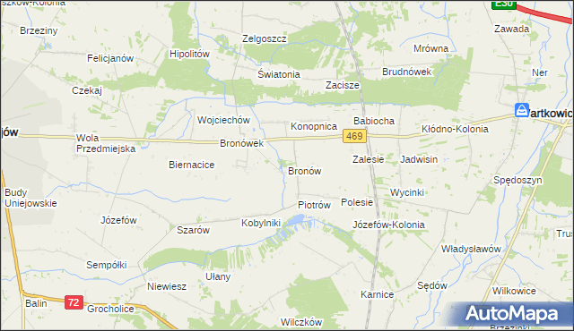 mapa Bronów gmina Wartkowice, Bronów gmina Wartkowice na mapie Targeo