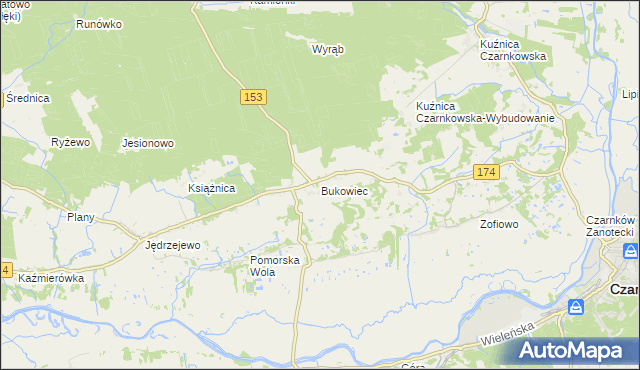 mapa Bukowiec gmina Czarnków, Bukowiec gmina Czarnków na mapie Targeo