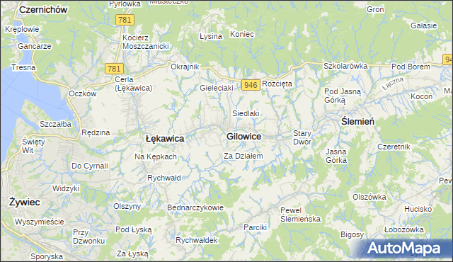 mapa Gilowice powiat żywiecki, Gilowice powiat żywiecki na mapie Targeo