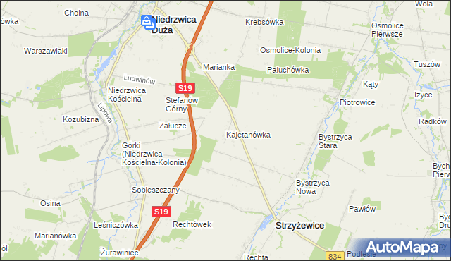 mapa Kajetanówka gmina Strzyżewice, Kajetanówka gmina Strzyżewice na mapie Targeo