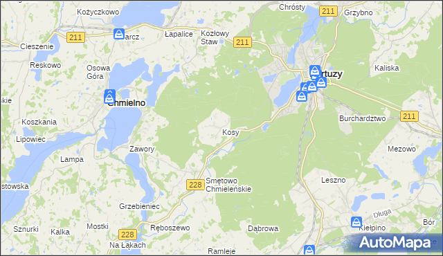 mapa Kosy gmina Kartuzy, Kosy gmina Kartuzy na mapie Targeo