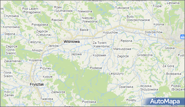 mapa Kozłówek gmina Wiśniowa, Kozłówek gmina Wiśniowa na mapie Targeo