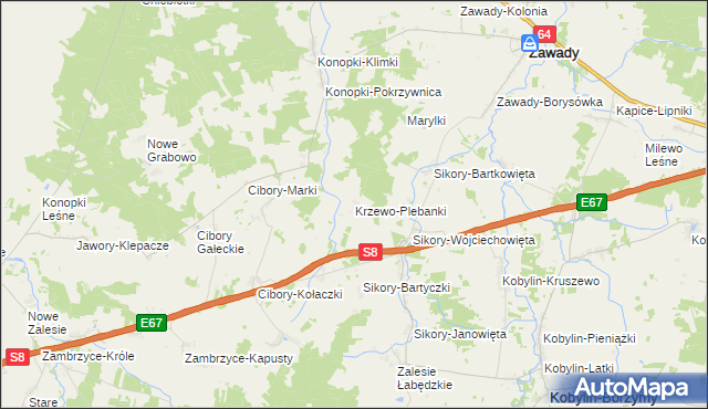 mapa Krzewo-Plebanki, Krzewo-Plebanki na mapie Targeo