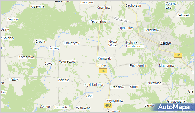 mapa Kurówek gmina Zelów, Kurówek gmina Zelów na mapie Targeo