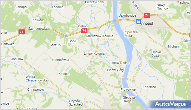 mapa Linów gmina Zawichost, Linów gmina Zawichost na mapie Targeo