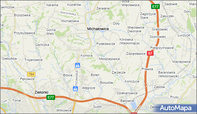 mapa Młodziejowice gmina Michałowice, Młodziejowice gmina Michałowice na mapie Targeo