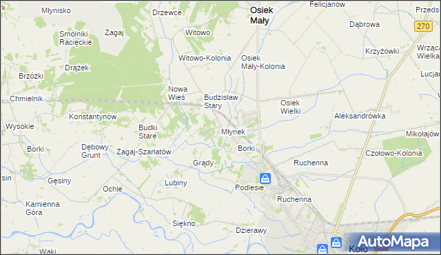 mapa Młynek gmina Osiek Mały, Młynek gmina Osiek Mały na mapie Targeo