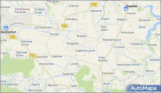 mapa Modrzewie gmina Pawłów, Modrzewie gmina Pawłów na mapie Targeo