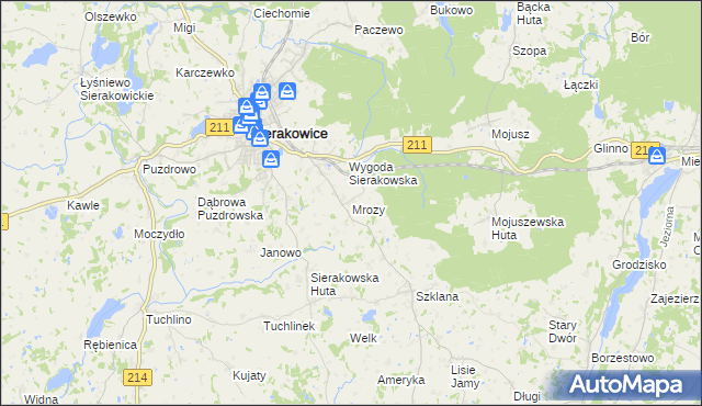 mapa Mrozy gmina Sierakowice, Mrozy gmina Sierakowice na mapie Targeo