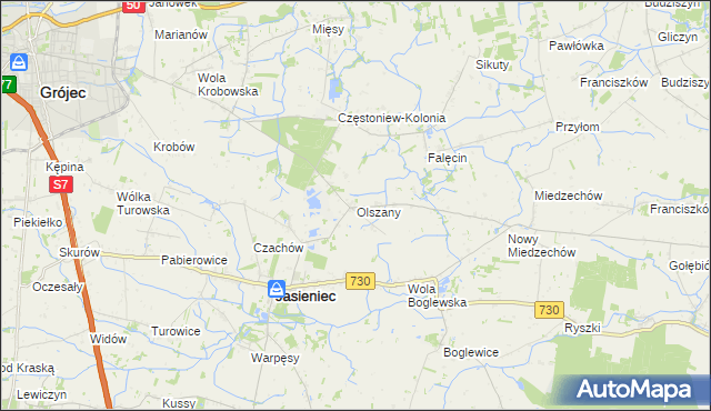 mapa Olszany gmina Jasieniec, Olszany gmina Jasieniec na mapie Targeo