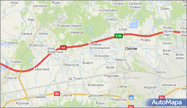 mapa Skrzyszów gmina Ostrów, Skrzyszów gmina Ostrów na mapie Targeo