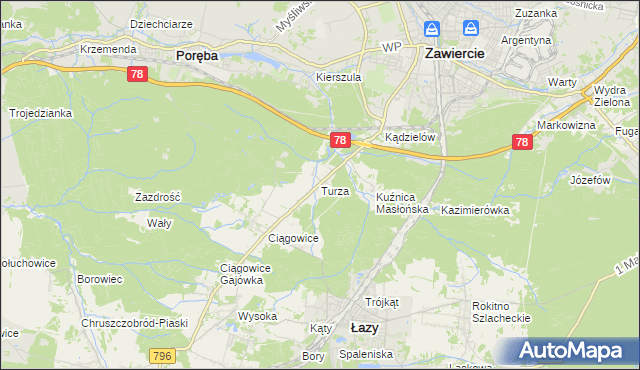 mapa Turza gmina Łazy, Turza gmina Łazy na mapie Targeo