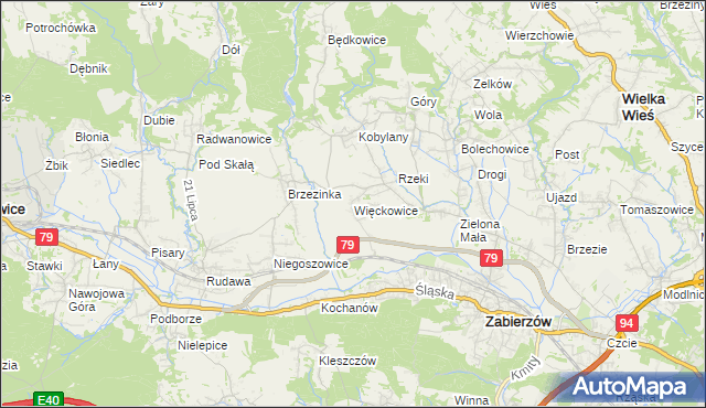 mapa Więckowice gmina Zabierzów, Więckowice gmina Zabierzów na mapie Targeo