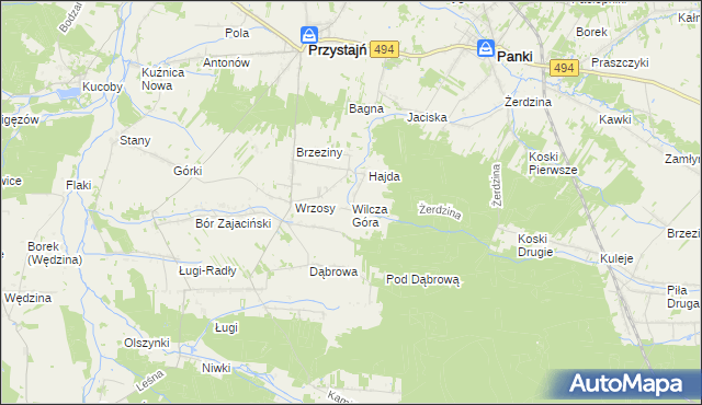 mapa Wilcza Góra gmina Przystajń, Wilcza Góra gmina Przystajń na mapie Targeo