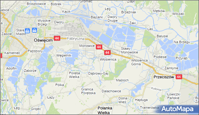 mapa Włosienica gmina Oświęcim, Włosienica gmina Oświęcim na mapie Targeo