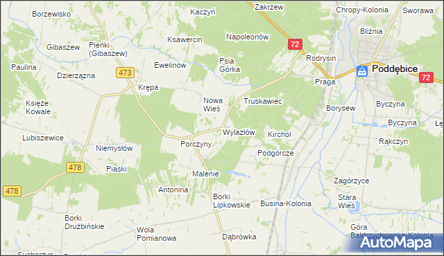 mapa Wylazłów gmina Poddębice, Wylazłów gmina Poddębice na mapie Targeo