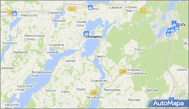 mapa Zawory gmina Chmielno, Zawory gmina Chmielno na mapie Targeo