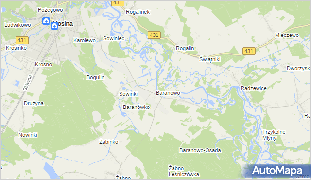 mapa Baranowo gmina Mosina, Baranowo gmina Mosina na mapie Targeo