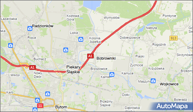 mapa Bobrowniki powiat będziński, Bobrowniki powiat będziński na mapie Targeo